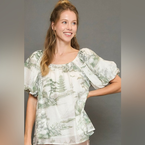 Umgee Full Size Two Tone Toile Print Top Plus Size